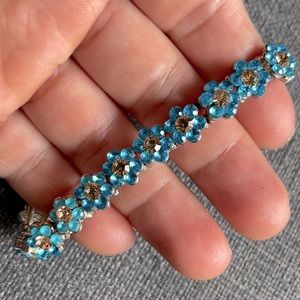 Beautiful Blue Jeweled Pave Flower Silvertone Stretch Statement Bracelet